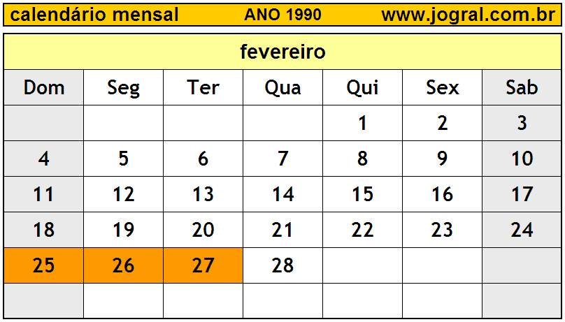 Calendário do Ano 1990 Mês de Fevereiro