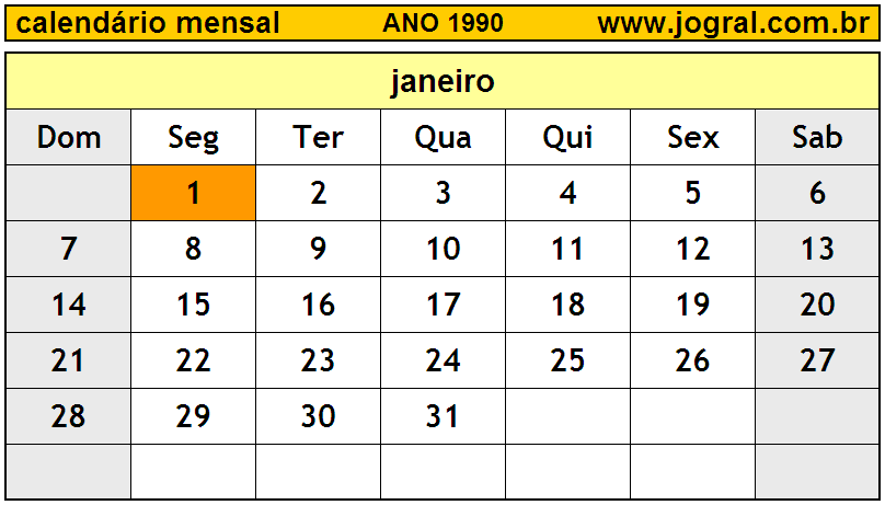 Calendário do Ano 1990 Mês de Janeiro