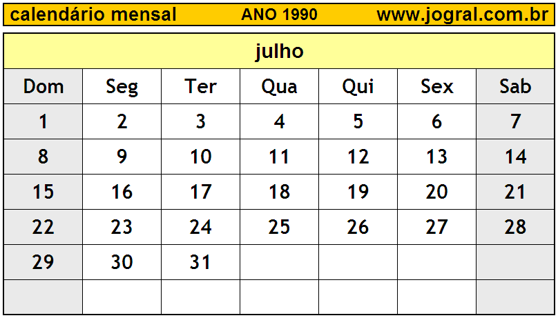 Calendário do Ano 1990 Mês de Julho