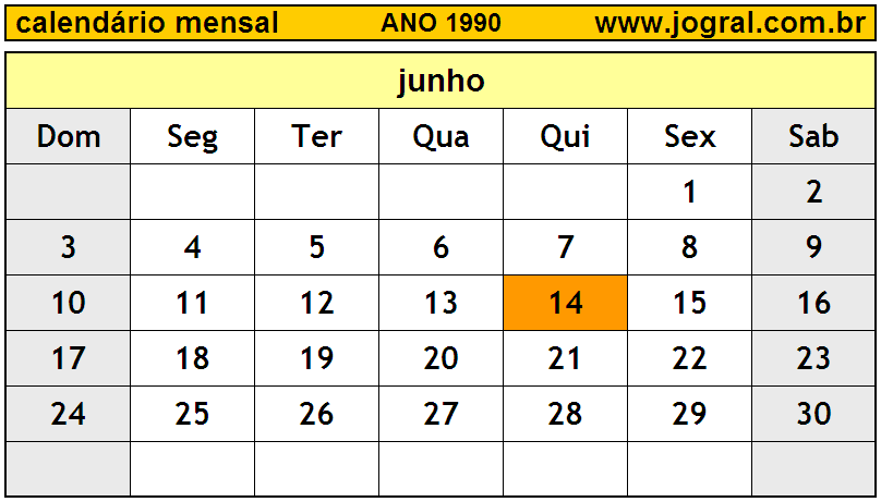 Calendário do Ano 1990 Mês de Junho