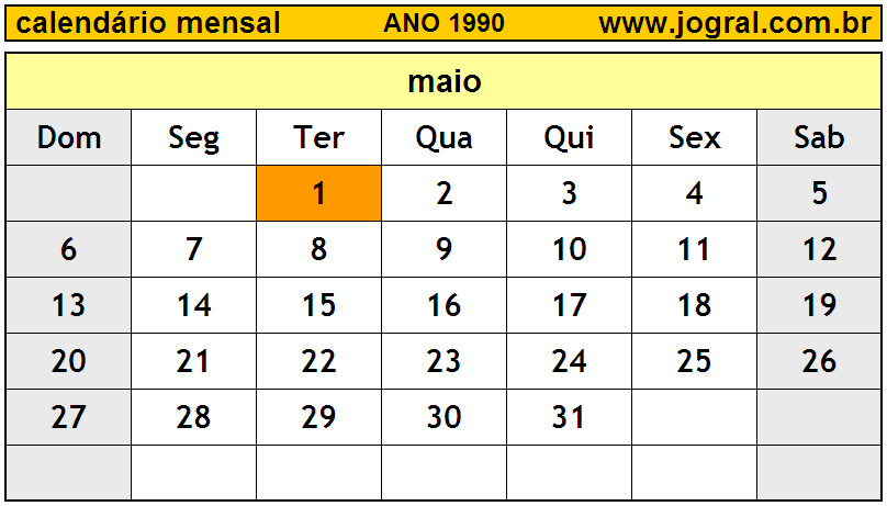 Calendário do Ano 1990 Mês de Maio