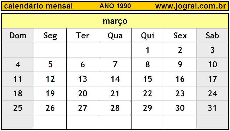 Calendário do Ano 1990 Mês de Março