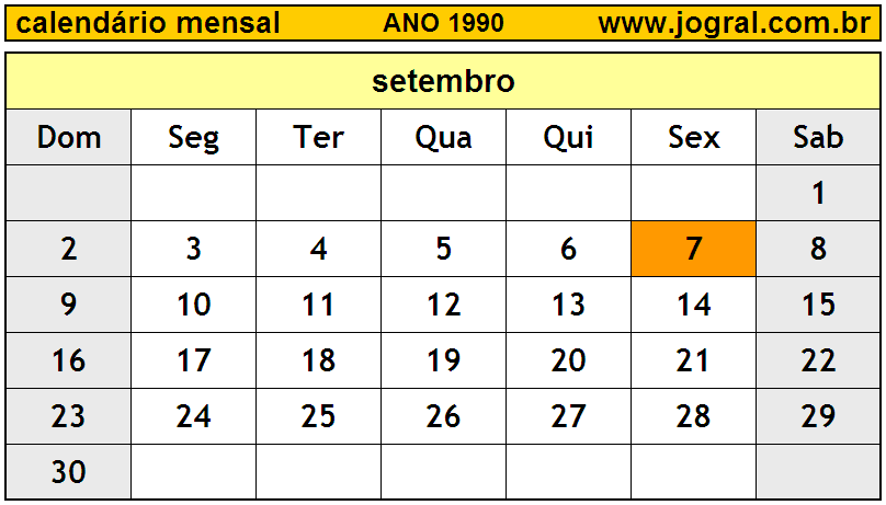 Calendário do Ano 1990 Mês de Setembro