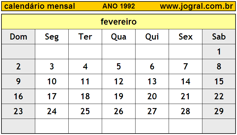 Calendário do Ano 1992 Mês de Fevereiro