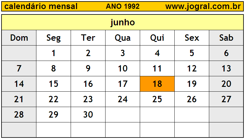 Calendário do Ano 1992 Mês de Junho