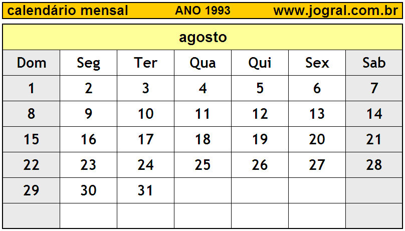 Calendário do Ano 1993 Mês de Agosto