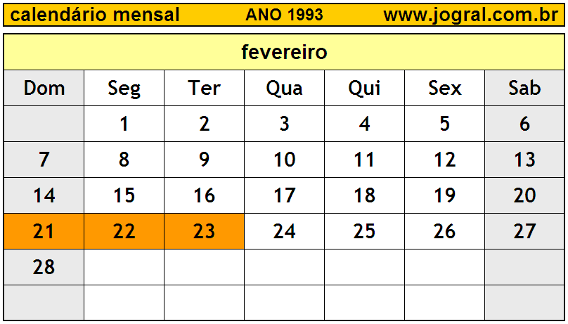 Calendário do Ano 1993 Mês de Fevereiro