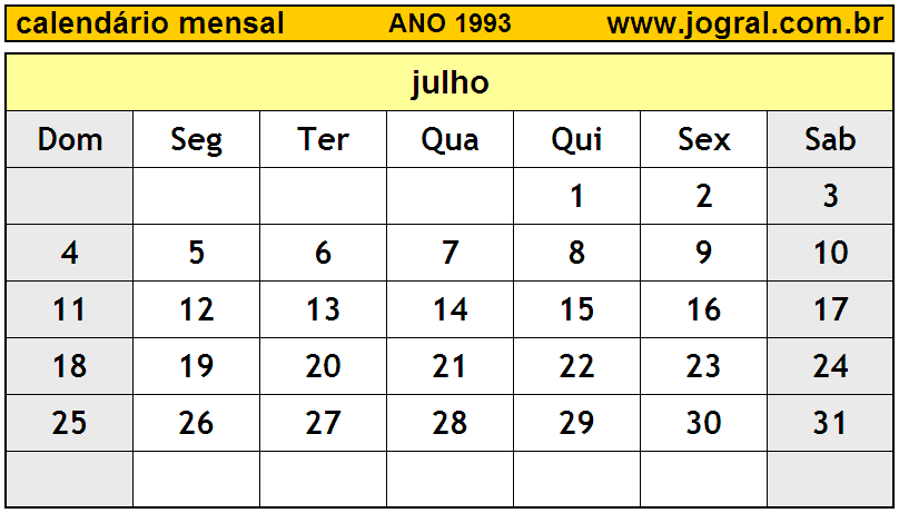 Calendário do Ano 1993 Mês de Julho