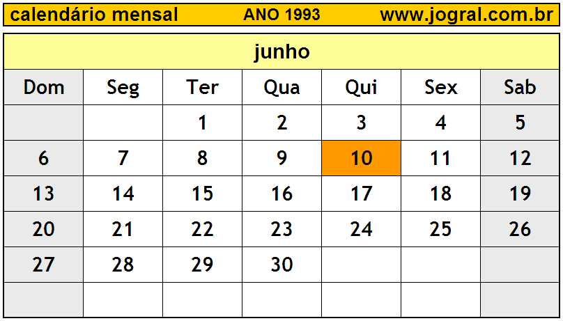 Calendário do Ano 1993 Mês de Junho