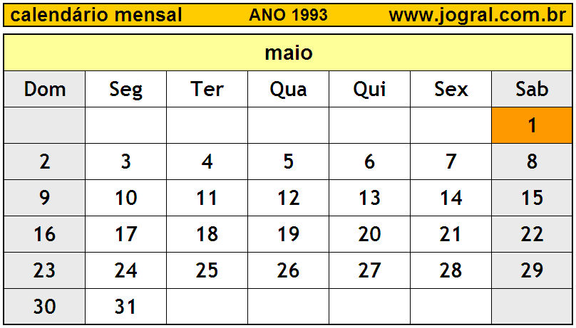 Calendário do Ano 1993 Mês de Maio