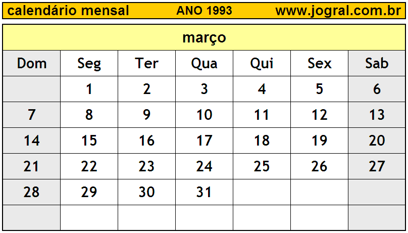 Calendário do Ano 1993 Mês de Março