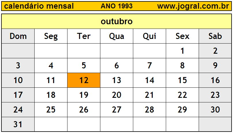 Calendário do Ano 1993 Mês de Outubro