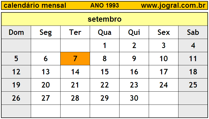 Calendário do Ano 1993 Mês de Setembro