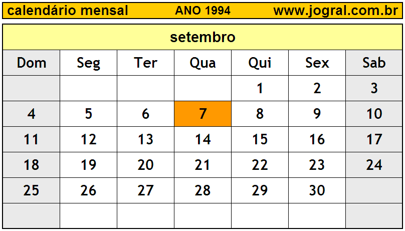 Calendário do Ano 1994 Mês de Setembro