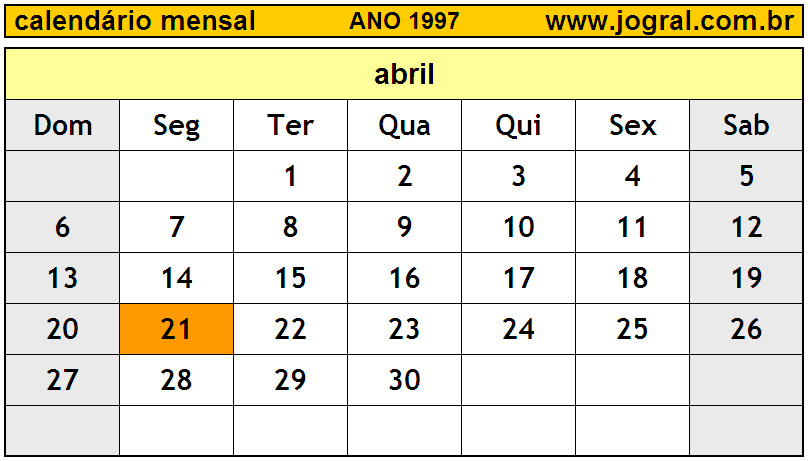 Calendário do Ano 1997 Mês de Abril
