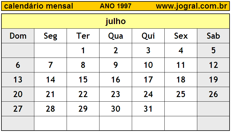 Calendário do Ano 1997 Mês de Julho