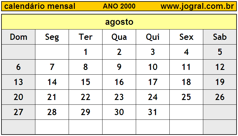 Calendário do Ano 2000 Mês de Agosto