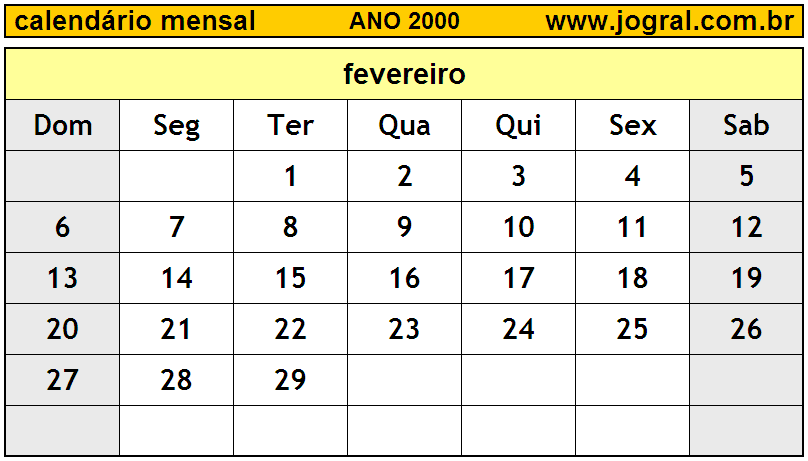 Calendário do Ano 2000 Mês de Fevereiro