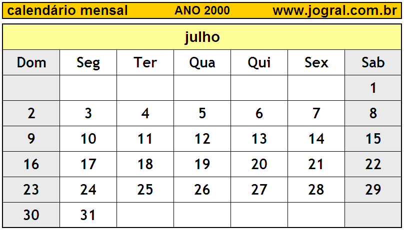 Calendário do Ano 2000 Mês de Julho