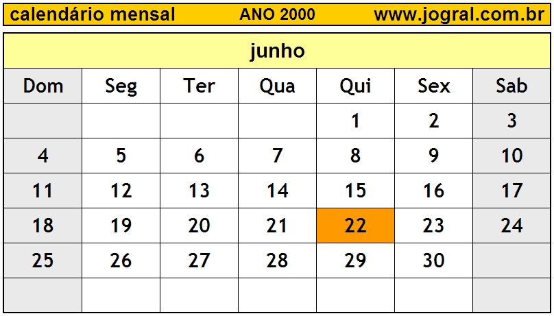 Calendário do Ano 2000 Mês de Junho