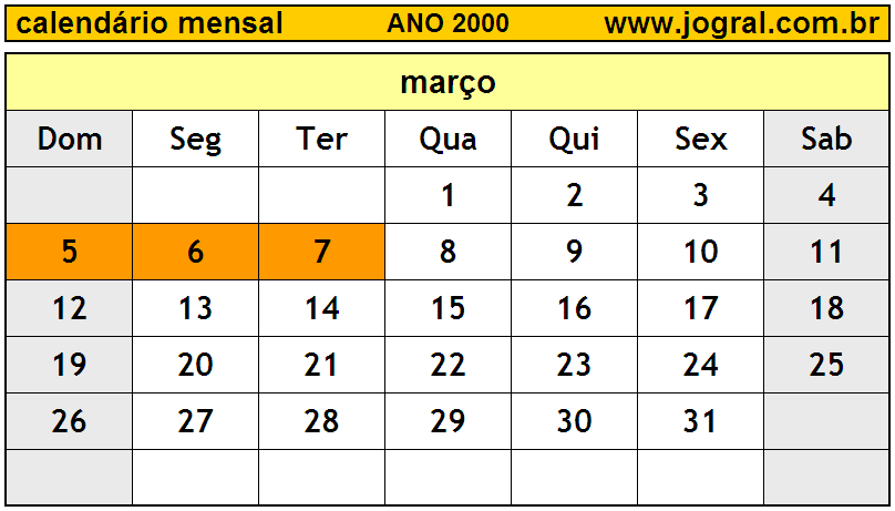 Calendário do Ano 2000 Mês de Março