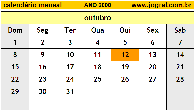 Calendário do Ano 2000 Mês de Outubro