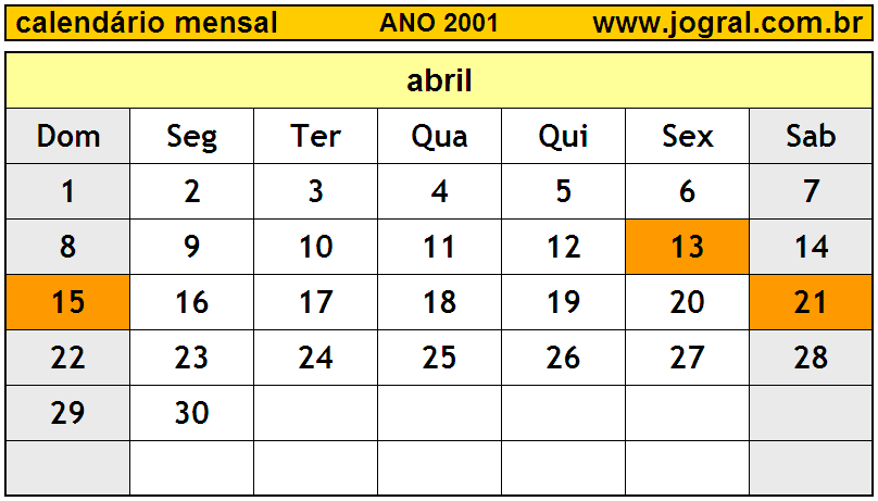 Calendário do Ano 2001 Mês de Abril