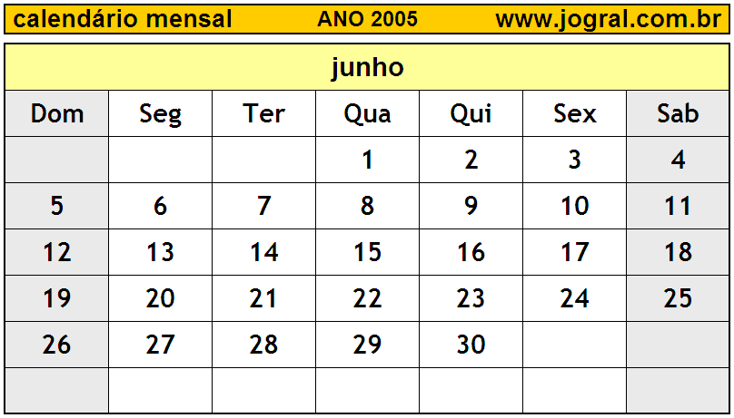 Calendário do Ano 2005 Mês de Junho