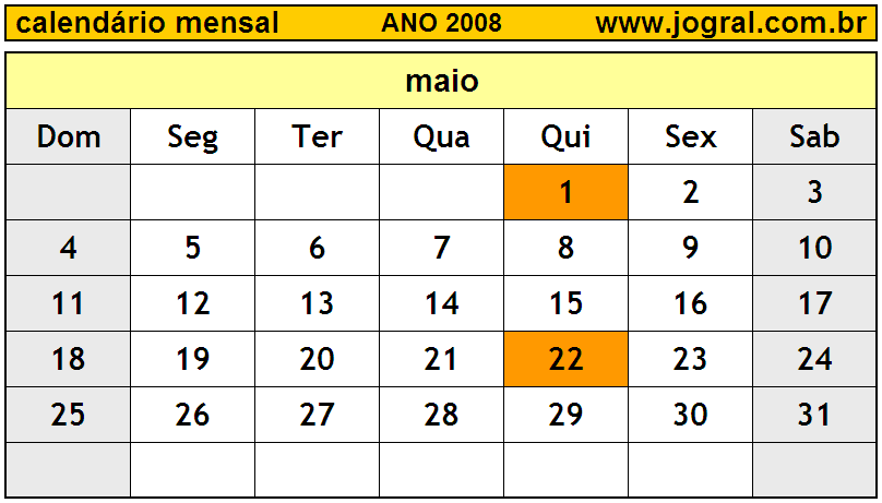 Calendário do Ano 2008 Mês de Maio