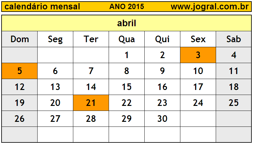 Calendário do Ano 2015 Mês de Abril