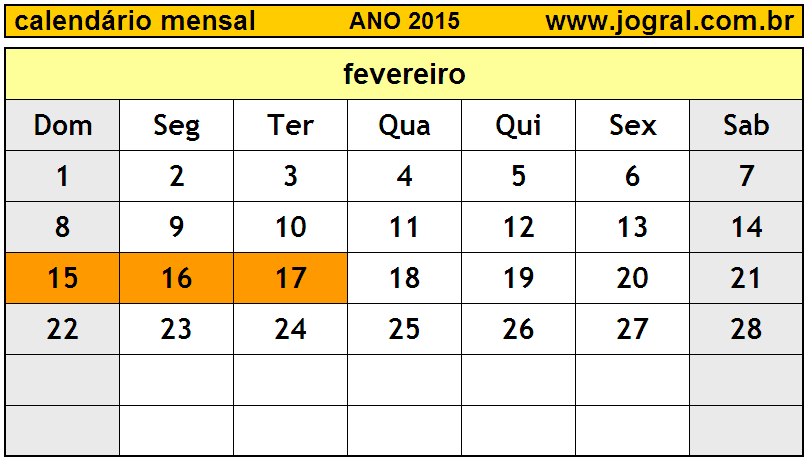Calendário do Ano 2015 Mês de Fevereiro