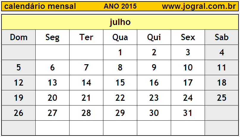 Calendário do Ano 2015 Mês de Julho