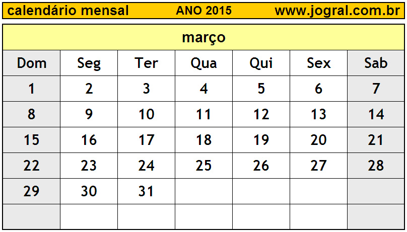 Calendário do Ano 2015 Mês de Março
