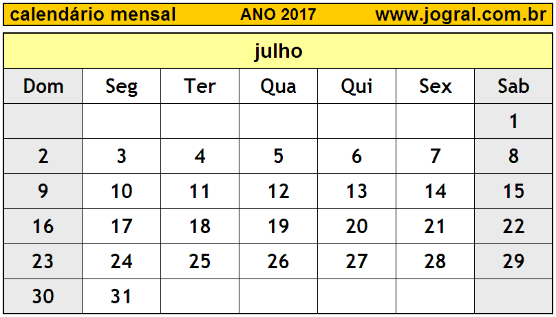 Calendário do Ano 2017 Mês de Julho