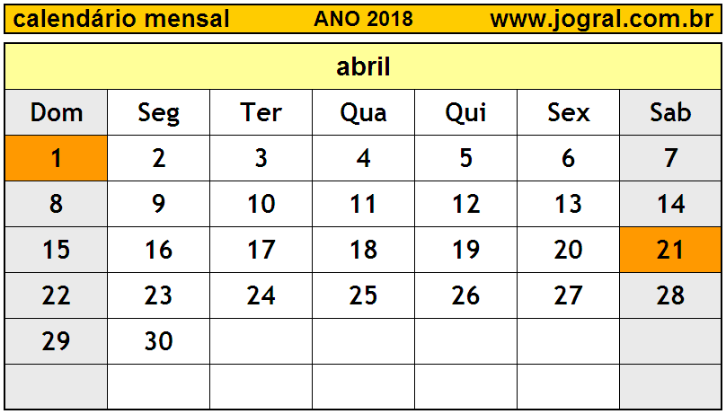 Calendário do Ano 2018 Mês de Abril