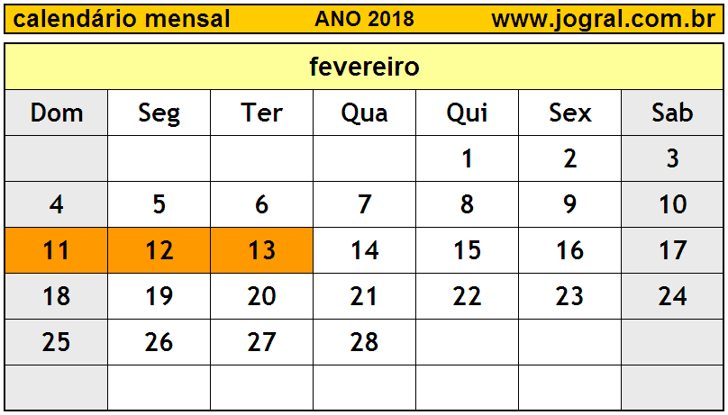 Calendário do Ano 2018 Mês de Fevereiro