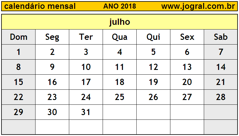 Calendário do Ano 2018 Mês de Julho