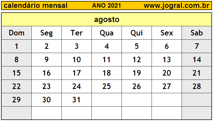 Calendário do Ano 2021 Mês de Agosto