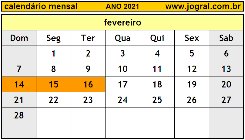 Calendário do Ano 2021 Mês de Fevereiro