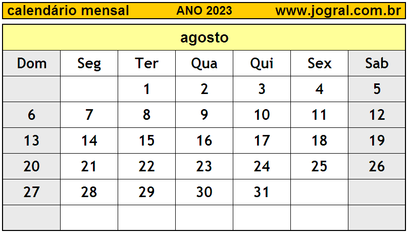 Calendário Mensal Agosto De 2023 Imprimir Mês De Agosto2023