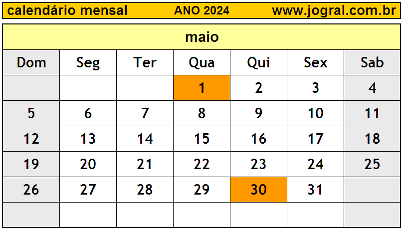 Calendário do Ano 2024 Mês de Maio