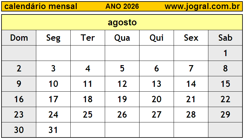 Calendário do Ano 2026 Mês de Agosto