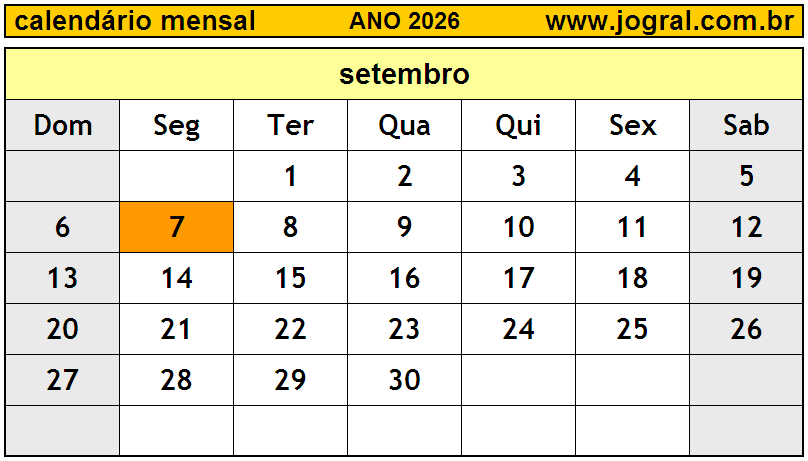 Calendário do Ano 2026 Mês de Setembro