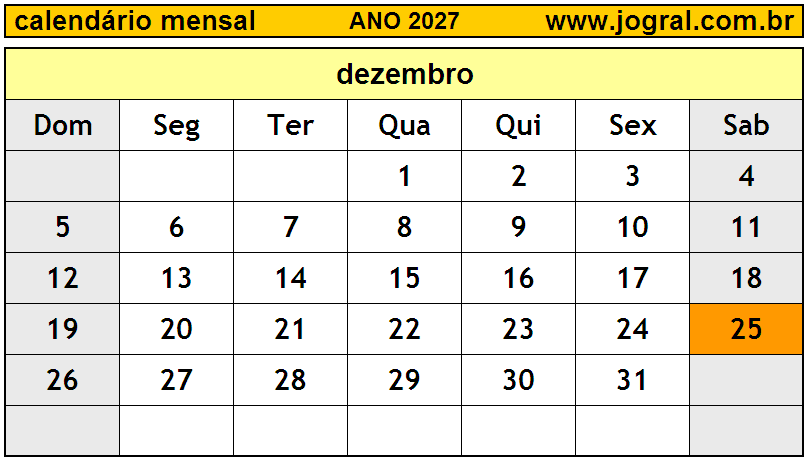 Calendário do Ano 2027 Mês de Dezembro