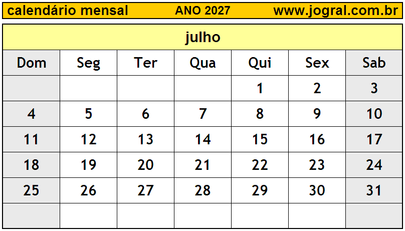 Calendário do Ano 2027 Mês de Julho