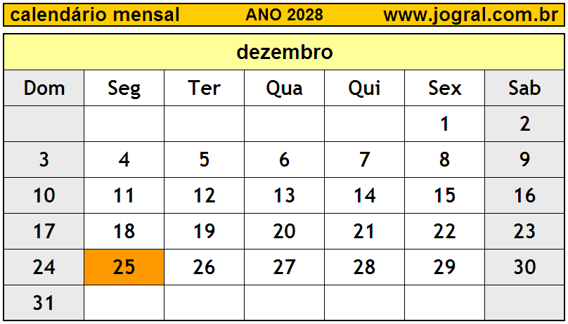 Calendário do Ano 2028 Mês de Dezembro