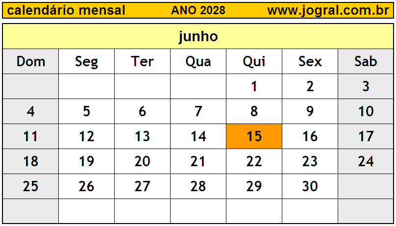 Calendário do Ano 2028 Mês de Junho
