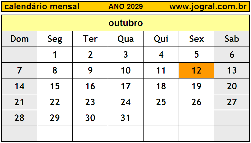 Calendário do Ano 2029 Mês de Outubro