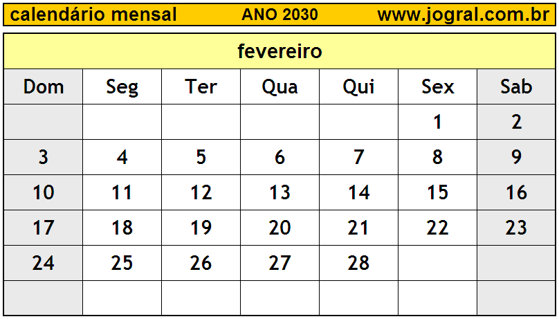 Calendário do Ano 2030 Mês de Fevereiro