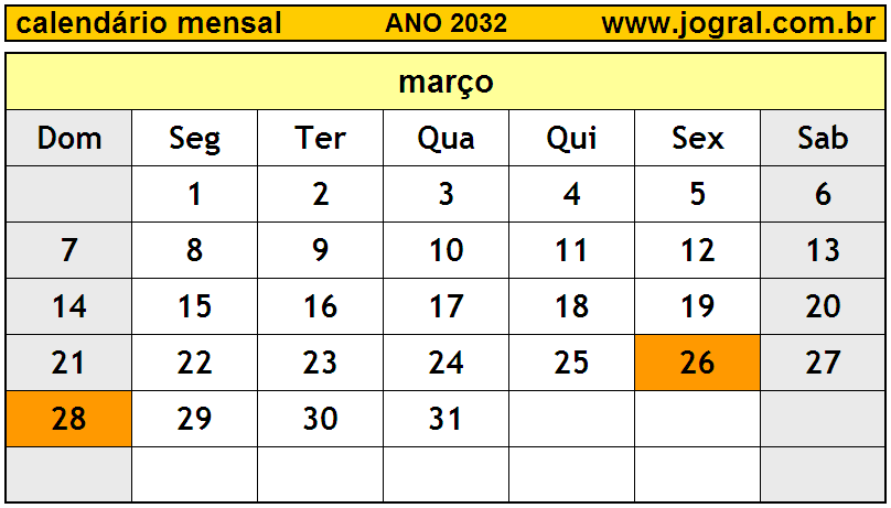 Calendário do Ano 2032 Mês de Março